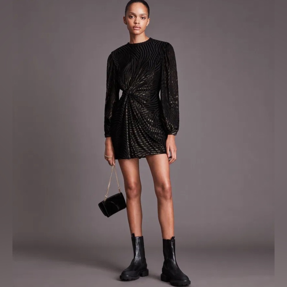 AllSaints Jemima Shimmer Stripe Mini Dress in Black Size 4 - Picture 2 of 10